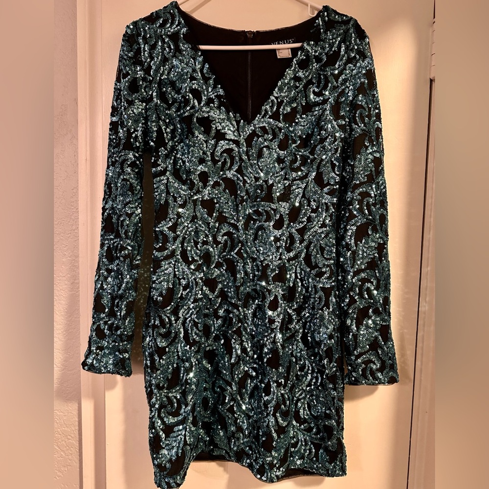 Venus black and blue sequin long sleeve dress. Size small